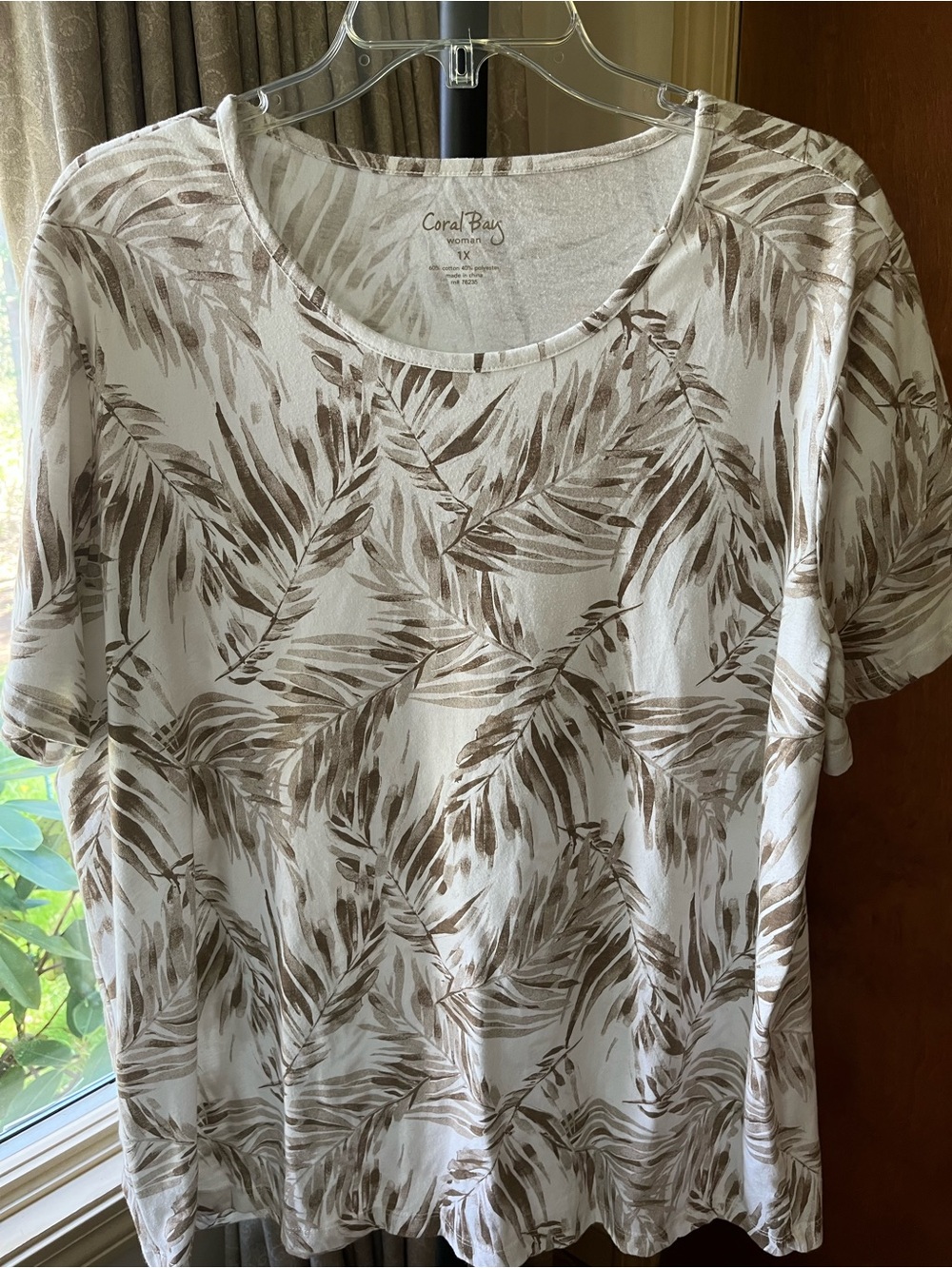 Coral Bay White Top with Taupe Leaf Print Short Sleeve